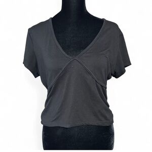 RUE 22 Black V-Neck Short Sleeves Crop Top With Cross Over Detail & Ruffle Sides